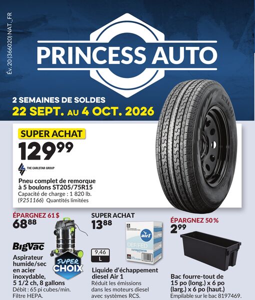 Circulaire Princess Auto du 22 septembre au 4 octobre 2026